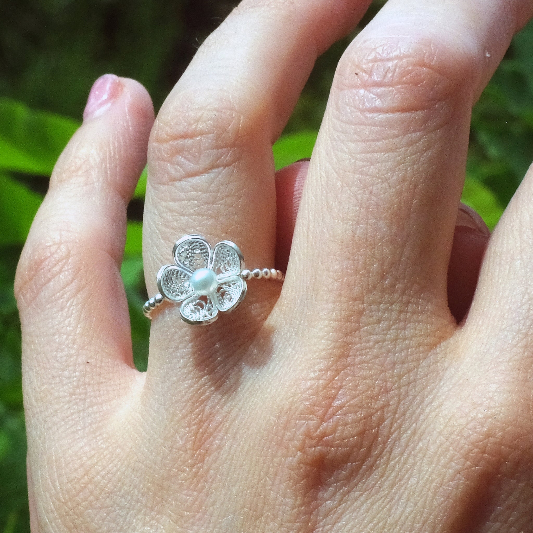 Phlox Filigree Ring in Recycled Silver with Pearls
